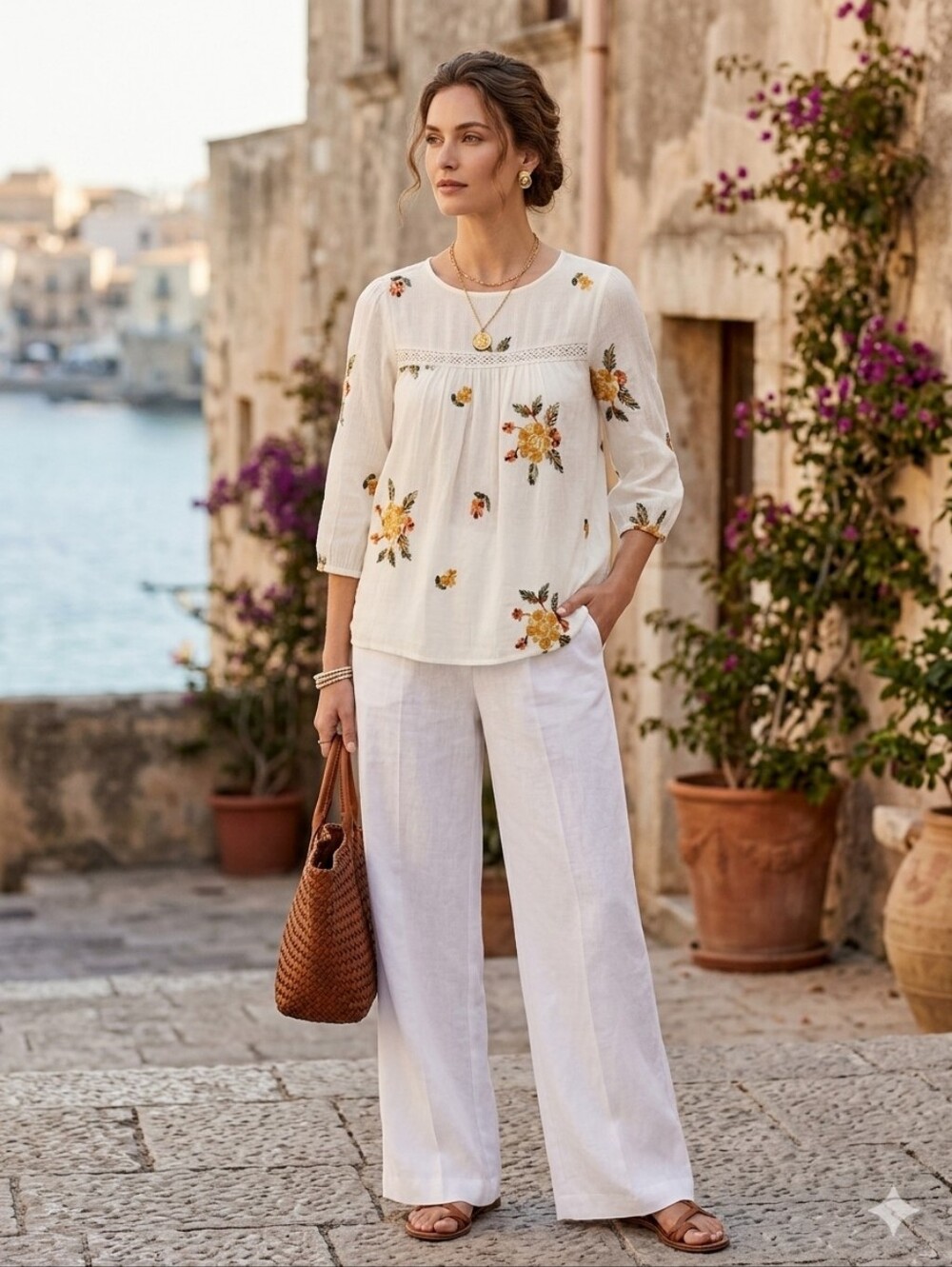 fig and flower White Floral Embroidered Peasant Top